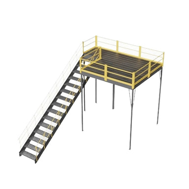 Steel mezzanine structure with bar grating, featuring an OSHA-approved stairway and ladder for access.