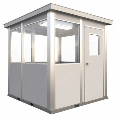 Prefabricated 8x8 modular security booth with a glass door, designed for industrial entry security and site monitoring.