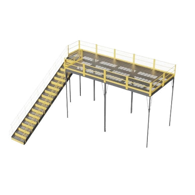 3D rendering of a perforated steel mezzanine with an IBC approved stairway, dimensions 120" W x 240" D x 144" H.