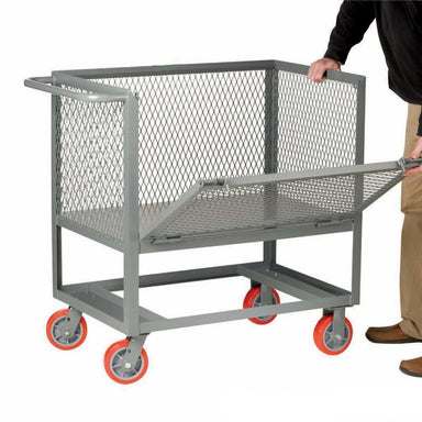 Metal shelf cart featuring a single shelf, steel mesh sides, push bar handle, and red wheels