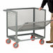 Metal shelf cart featuring a single shelf, steel mesh sides, push bar handle, and red wheels
