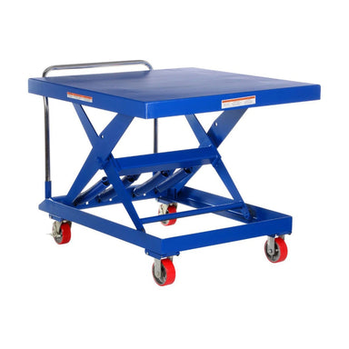 Blue adjustable height platform cart with wheels, measuring 42" W x 47" D x 34" H, supports up to 1000 lbs.