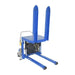A blue pallet tipper forklift featuring a handle, measuring 57.25" W x 72.75" D x 29.25" H, with a 4000 lbs load capacity.