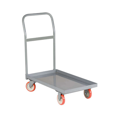 Gray steel hand truck with orange wheels, designed for transporting heavy loads efficiently.