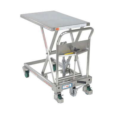 Stainless steel lift table on wheels, featuring a fully welded 304-grade stainless steel construction and a seat.