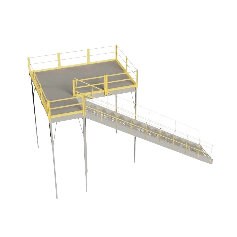 3D model of a warehouse mezzanine, showcasing a metal structure with stairs and anti-skid Tuffdeck. Dimensions: 144" W x 96" D x 144" H.