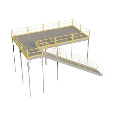 Steel mezzanine structure featuring yellow and grey colors, equipped with an IBC approved stairway and anti-skid surface.