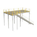 Steel frame warehouse mezzanine with anti-skid Tuffdeck, featuring an OSHA-approved stairway and ramp for access.
