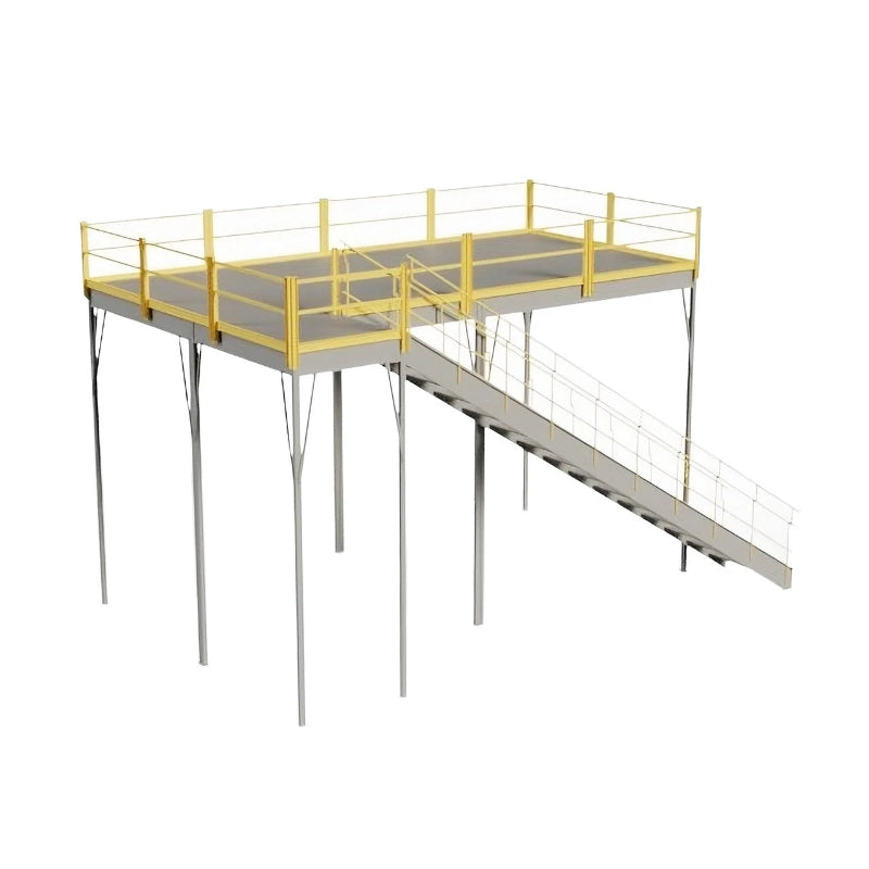 Steel frame warehouse mezzanine with anti-skid Tuffdeck, featuring an OSHA-approved stairway and ramp for access.
