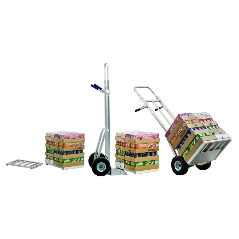 Stainless steel shelf with four sections, designed for organizing and protecting loads in a mini pallet hand truck.