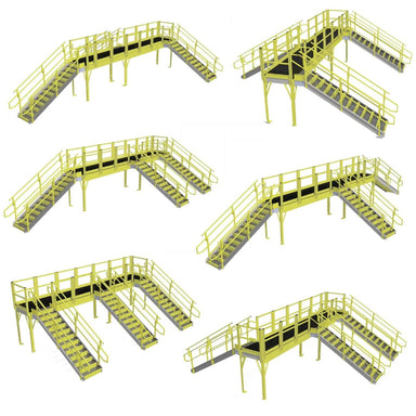 Representative crossover platform configurations with yellow railings.