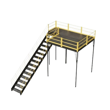 Warehouse mezzanine with a steel frame, bar grating, and an OSHA-approved stairway for safe access.