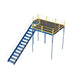 Steel frame mezzanine with bar grating and an OSHA-compliant stairway, providing safe access in a warehouse setting.
