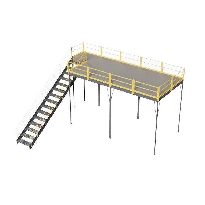 Warehouse mezzanine with anti-skid Tuffdeck, featuring a steel frame, ramp, and OSHA-approved stairs for safe access.