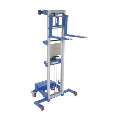 Manual stacker lift with blue handle, 43.25" D x 69" H, counterbalance design, 350 lbs load capacity, on wheels.