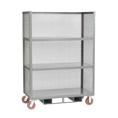 Three-sided steel cart with one shelf, mesh sides, and push bar handle, measuring 48" W x 30" D x 57" H.