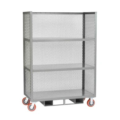 Three-sided steel cart with one shelf, mesh sides, and push bar handle, measuring 48" W x 30" D x 57" H.