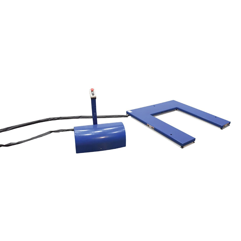 Electric pallet lift table with a blue box, handle, and cord, designed for loads up to 2,000 lbs.