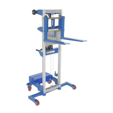 A blue and white manual stacker lift with a counterbalance design, measuring 43.25" D x 71.75" H, and a 500 lbs capacity.