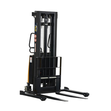 Electric pallet stacker with adjustable forks, featuring a yellow and black handle, dimensions 46"W x 66.25"D x 78"H.