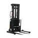 Electric pallet stacker with adjustable forks, featuring a yellow and black handle, dimensions 46"W x 66.25"D x 78"H.