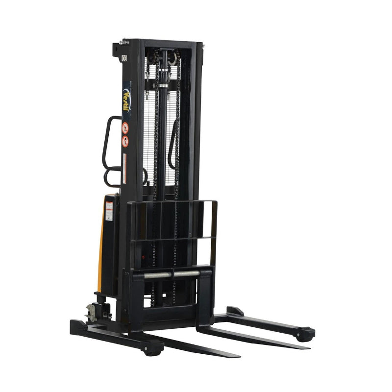 Electric pallet stacker with adjustable forks, featuring a yellow and black handle, dimensions 46"W x 66.25"D x 78"H.