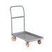 Gray steel hand truck with orange wheels, designed for transporting heavy loads efficiently.