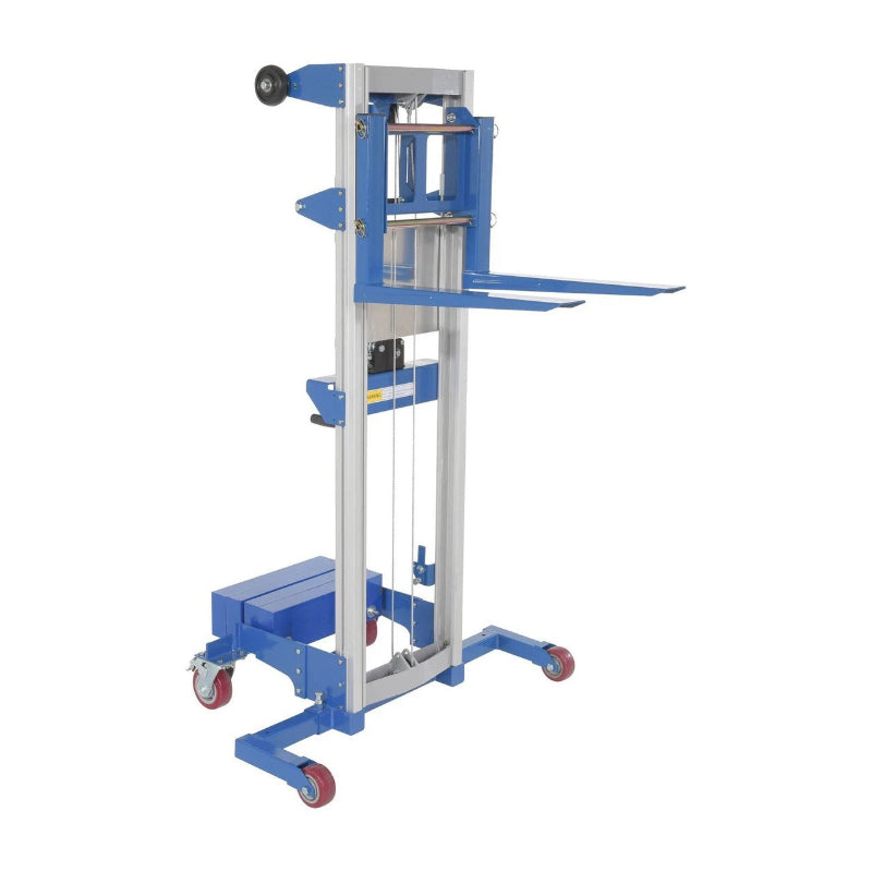 Blue manual stacker lift with a handle, designed for 400 lb capacity, featuring a counterbalance design and steel construction.