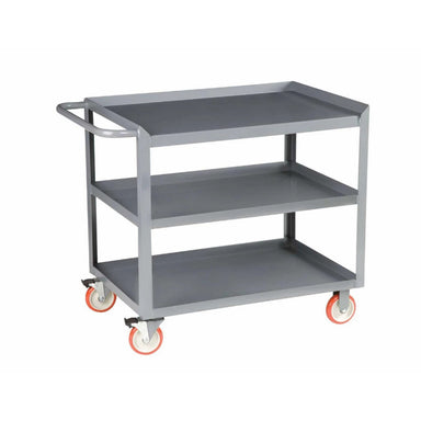 Gray metal rolling cart with three shelves and a 1.5-inch retaining lip for secure storage and transport.