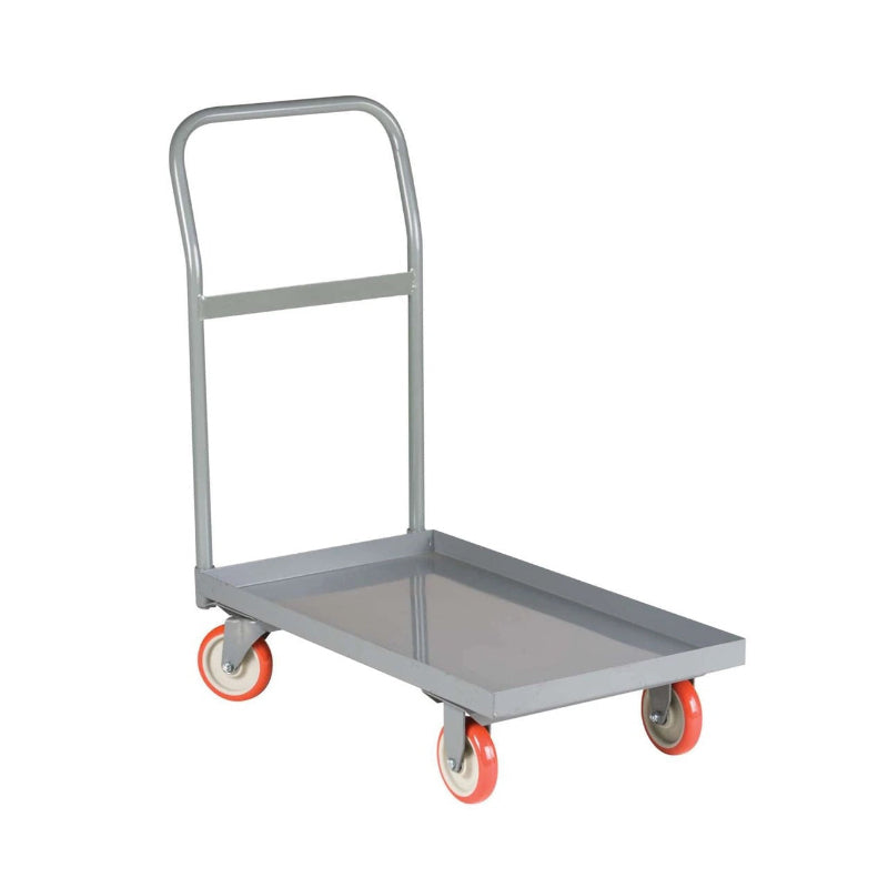 Gray steel hand truck with orange wheels, designed for transporting heavy loads efficiently.