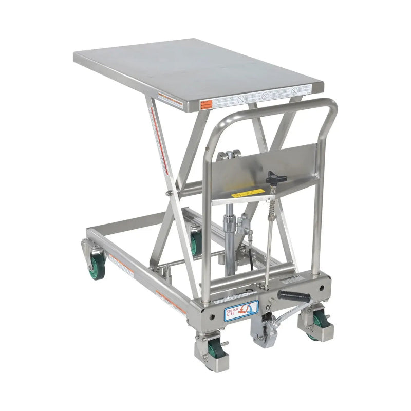 Stainless steel lift table on wheels, featuring a fully welded 304-grade stainless steel construction and a seat.