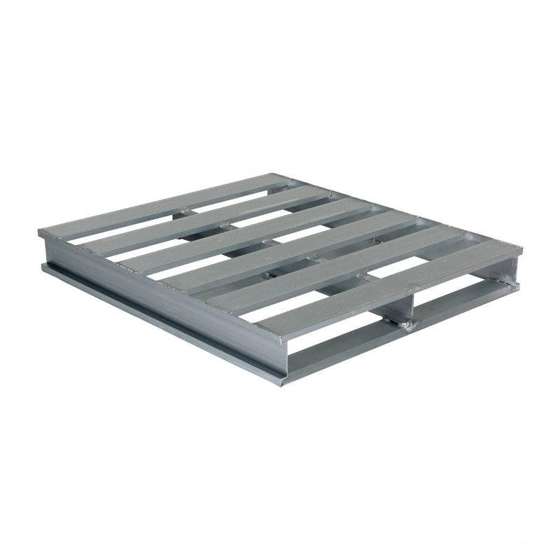 Aluminum pallet measuring 40.25 inches wide, featuring four bottom holes for enhanced durability and hygiene.