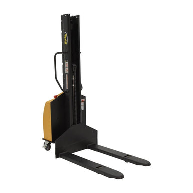 Electric pallet stacker with fixed forks, yellow handle, and black bucket, dimensions 29.25" W x 65.5" D x 77.75" H.