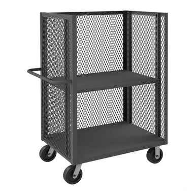 Black metal wire mesh cart with two shelves and wheels, designed for easy mobility and storage.