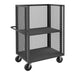 Black metal wire mesh cart with two shelves and wheels, designed for easy mobility and storage.