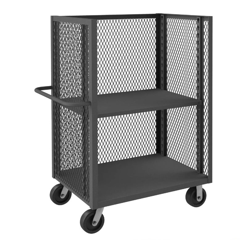 Black metal wire mesh cart with two shelves and wheels, designed for easy mobility and storage.