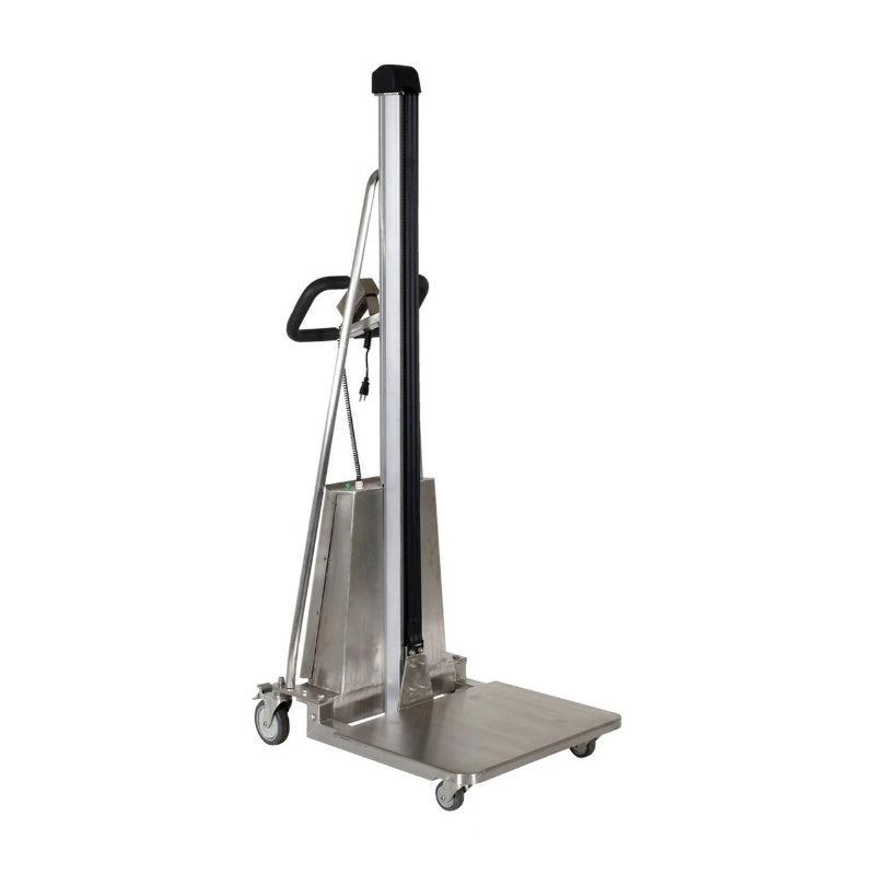 Manual stacker lift with a handle and pole, designed for 400 lb capacity, featuring steel construction and counterbalance design.