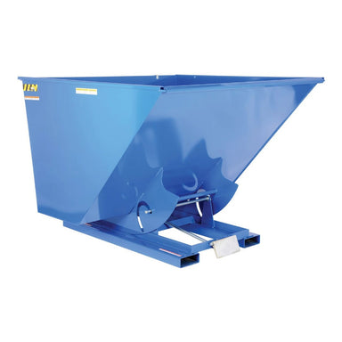 A blue dump truck with a metal frame, designed for transporting materials, parked in a construction area.