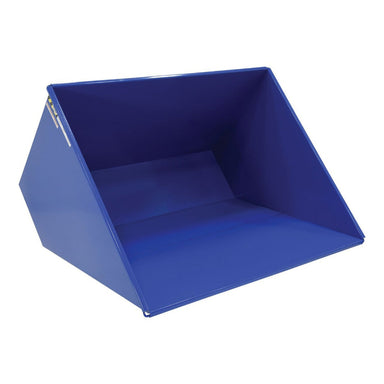 Blue plastic trash hopper with a lid, 2,000 lb capacity, dimensions 81.75" W x 68.75" D x 51.75" H, featuring safety lock.