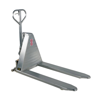  Hand truck with a stainless steel frame, featuring a handle and a hand pump for lifting