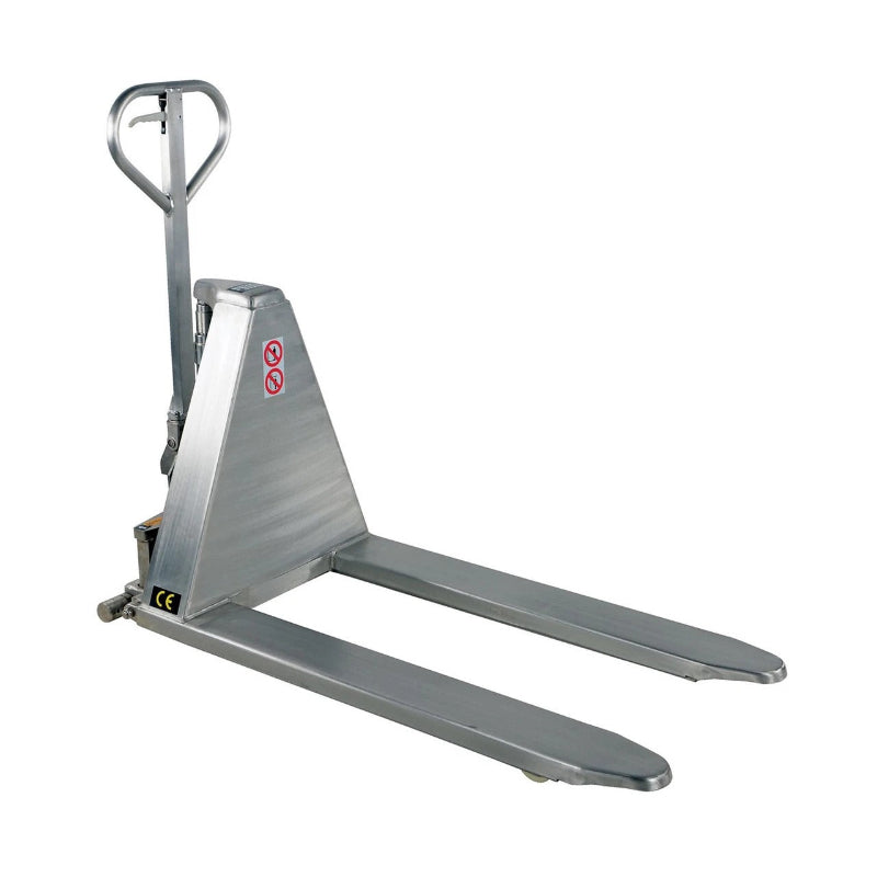  Hand truck with a stainless steel frame, featuring a handle and a hand pump for lifting