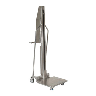 Stainless steel work positioner with a manual hand crank, featuring a cart and handle, dimensions 23.75" W x 32" D x 75.25" H.