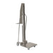 Stainless steel work positioner with a manual hand crank, featuring a cart and handle, dimensions 23.75" W x 32" D x 75.25" H.