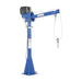 Blue jib crane featuring a hook, dimensions 53.5" W x 59.5" H, 2000 lbs capacity, 12 Volt DC, adjustable boom reach.