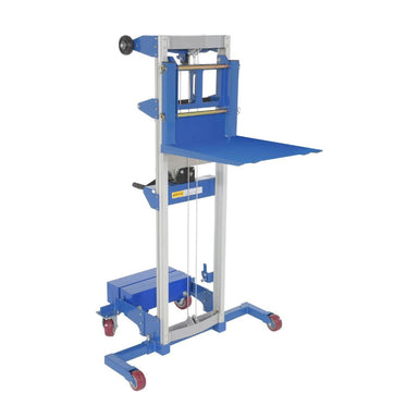 Manual stacker lift in blue and white, 71.75" high, 500 lbs capacity, featuring a deck platform and counterbalance design.