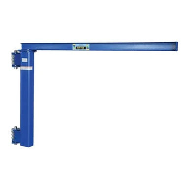 Wall-mounted jib crane in blue steel, measuring 8" W x 96" D x 63" H, designed for lifting up to 600 lbs.