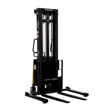 Electric pallet stacker with adjustable forks, dimensions 46"W x 66.25"D x 88.5"H, shown against a black and white background.