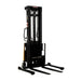 Electric pallet stacker with adjustable forks, dimensions 46"W x 66.25"D x 88.5"H, shown against a black and white background.