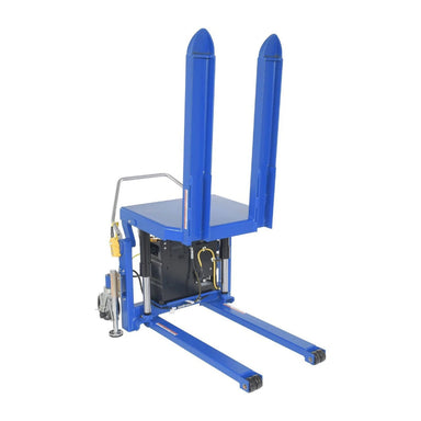 A blue forklift with two legs on the ground, designed for pallet tipping, dimensions 41" W x 75.5" D x 28.25" H.