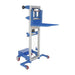 A blue and white manual stacker lift with a blue handle, designed for lifting loads up to 400 lbs, featuring a deck platform.